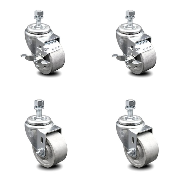Service Caster Semi Steel Swivel TS Caster w/Roller Bearing-3" Wheels&1/2" Stems-2 w/BRK, 4PK SCC-TS20S315-SSR-121315-2-TLB-2 - main